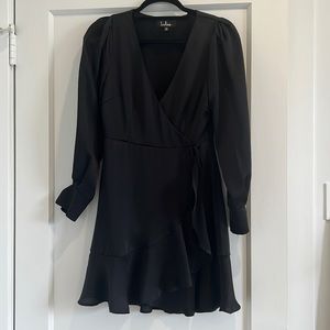 Lulu’s XS Black Bona Fide Babe Black Satin Faux-wrap dress